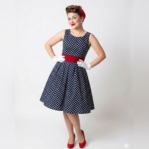 Miusol Navy Polka Dot Retro 50s Rockabilly Swing Dress Red Waist Detail Large